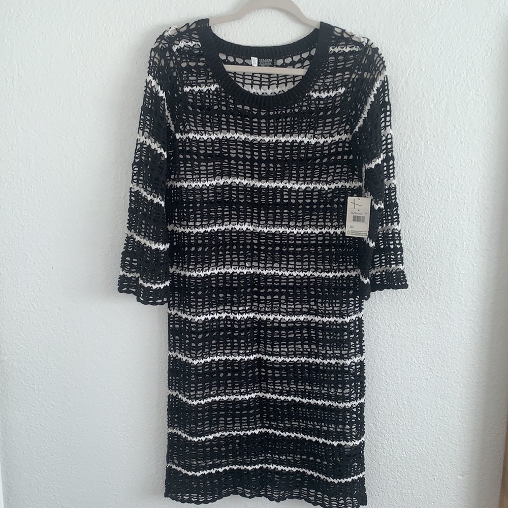 Volcom handmade crochet knit black and white striped beach cover up NWT
